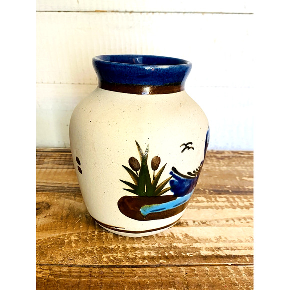 Vintage Hand Painted Stoneware Tonala Mexican Folk Pottery Vase Bird Cattails - Picture 4 of 7